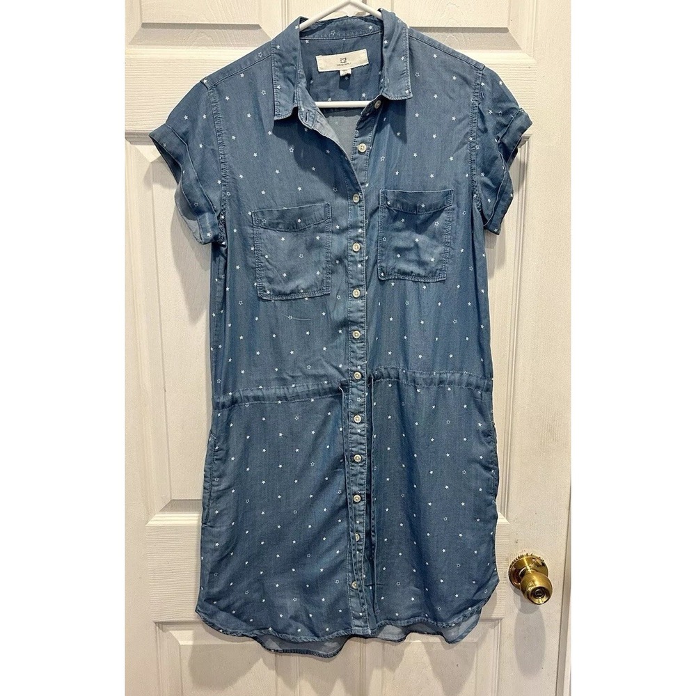 Thread & Supply Blue Tencel Star Print Button Down Shirt Dress Small D4287TCTJ